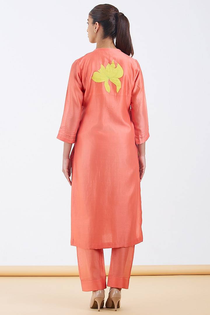 Peach Silk Chanderi Floral Patchwork Kurta Set by Abhjeet Khanna at Pernia's Pop Up Shop