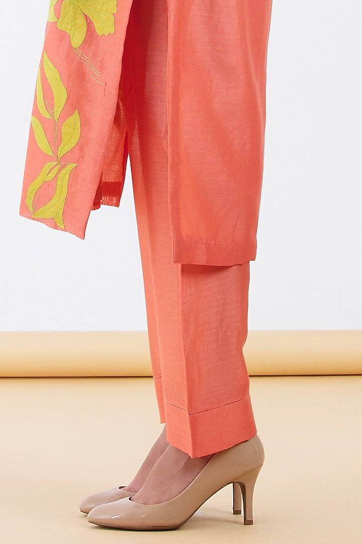 Peach Silk Chanderi Floral Patchwork Kurta Set by Abhjeet Khanna at Pernia's Pop Up Shop