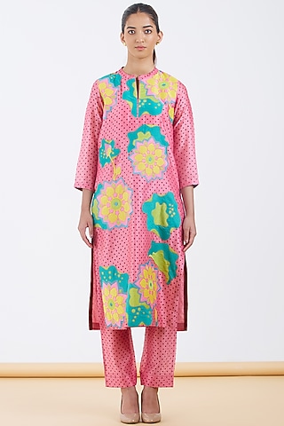 Pink Silk Chanderi Polka Hand Block Printed Kurta Set by Abhjeet Khanna
