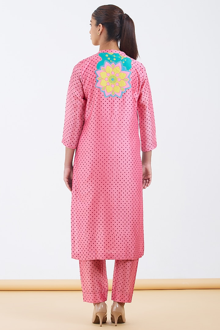 Pink Silk Chanderi Polka Hand Block Printed Kurta Set by Abhjeet Khanna at Pernia's Pop Up Shop