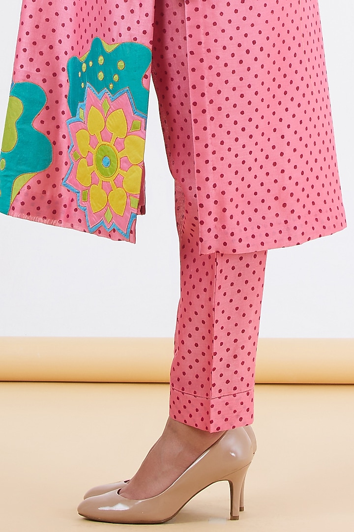 Pink Silk Chanderi Polka Hand Block Printed Kurta Set by Abhjeet Khanna at Pernia's Pop Up Shop