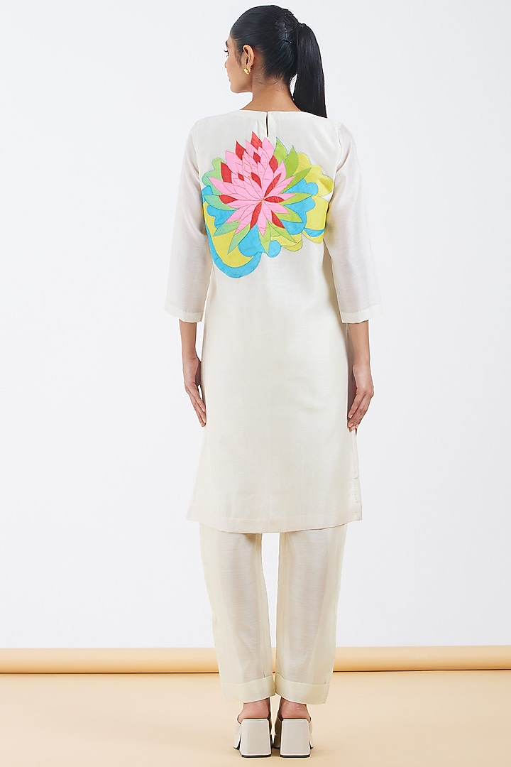 Ivory Silk Chanderi Floral Patchwork Kurta Set by Abhjeet Khanna at Pernia's Pop Up Shop