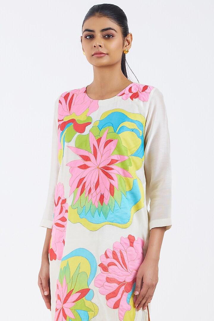 Ivory Silk Chanderi Floral Patchwork Kurta Set by Abhjeet Khanna at Pernia's Pop Up Shop
