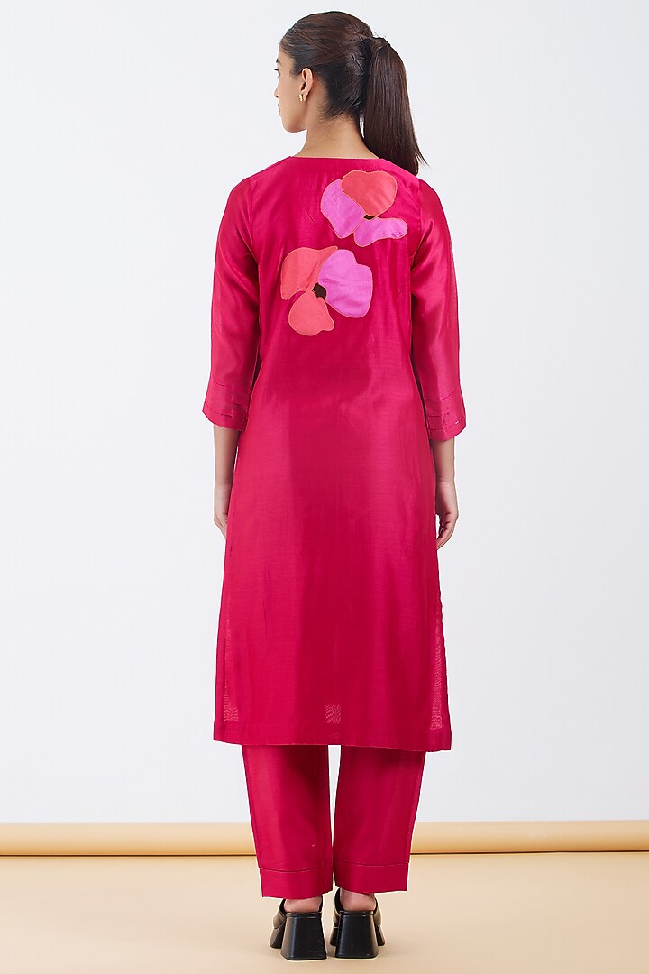 Fuchsia Pink Silk Chanderi Floral Patchwork Kurta Set by Abhjeet Khanna at Pernia's Pop Up Shop