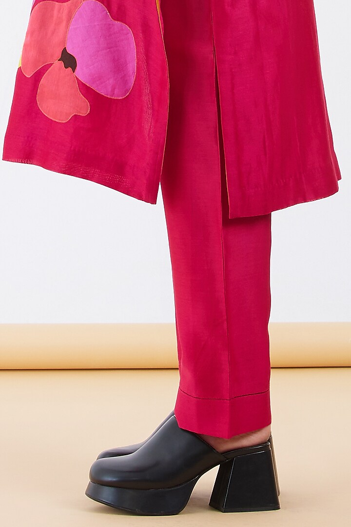 Fuchsia Pink Silk Chanderi Floral Patchwork Kurta Set by Abhjeet Khanna at Pernia's Pop Up Shop