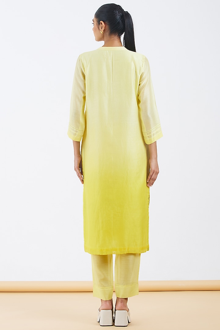 Yellow Shaded Silk Chanderi Hand Embroidered Kurta Set by Abhjeet Khanna at Pernia's Pop Up Shop