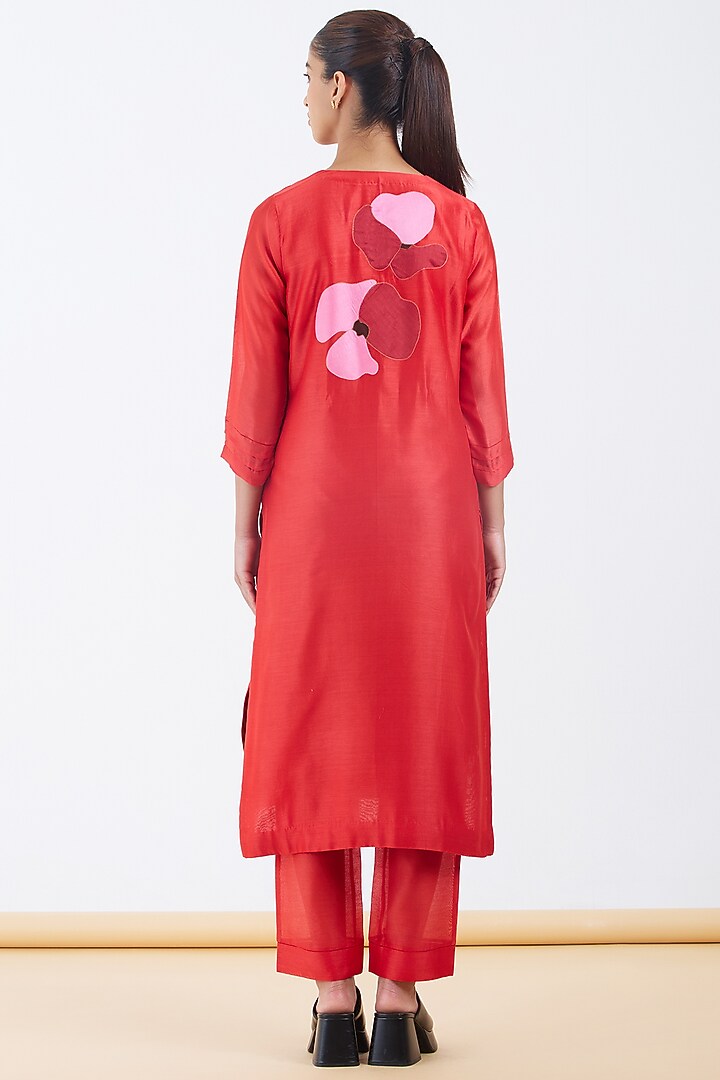 Red Silk Chanderi Floral Patchwork Kurta Set by Abhjeet Khanna at Pernia's Pop Up Shop