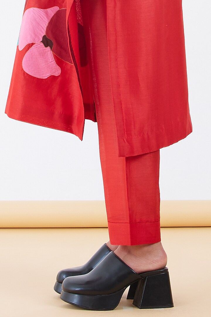 Red Silk Chanderi Floral Patchwork Kurta Set by Abhjeet Khanna at Pernia's Pop Up Shop