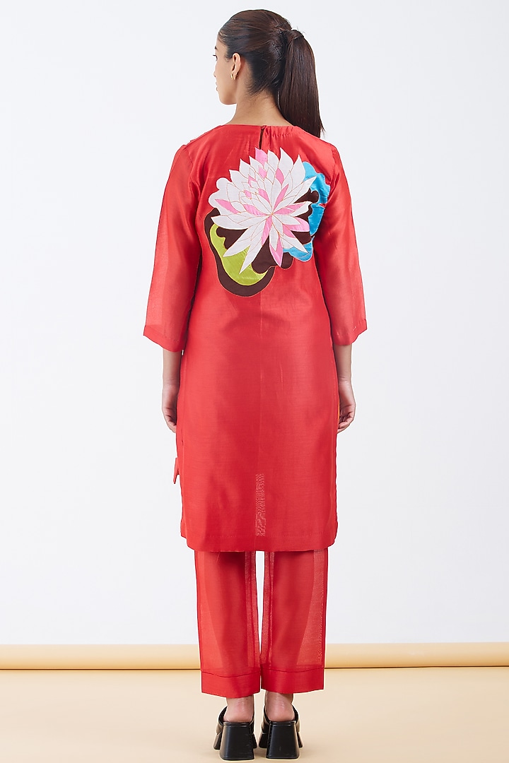 Red Silk Chanderi Floral Motif Patchwork Kurta Set by Abhjeet Khanna at Pernia's Pop Up Shop