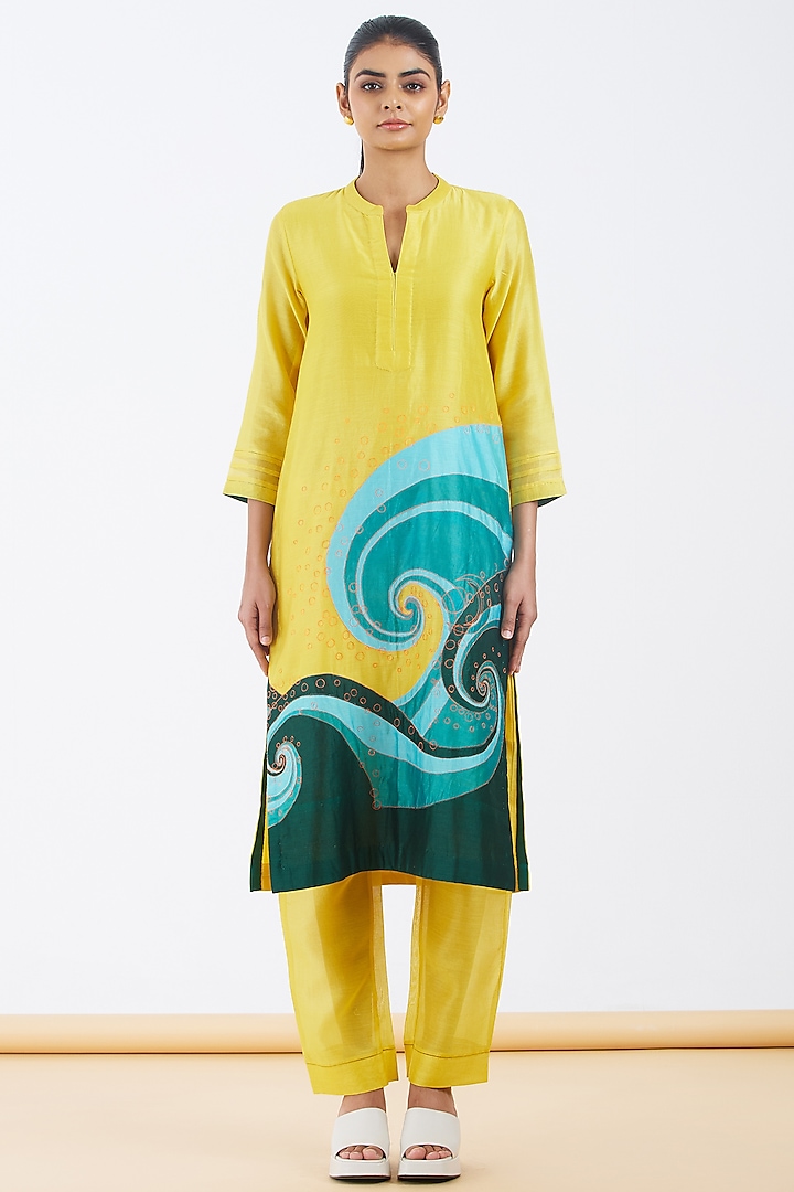 Yellow Silk Chanderi Motif Patchwork Kurta Set by Abhjeet Khanna at Pernia's Pop Up Shop