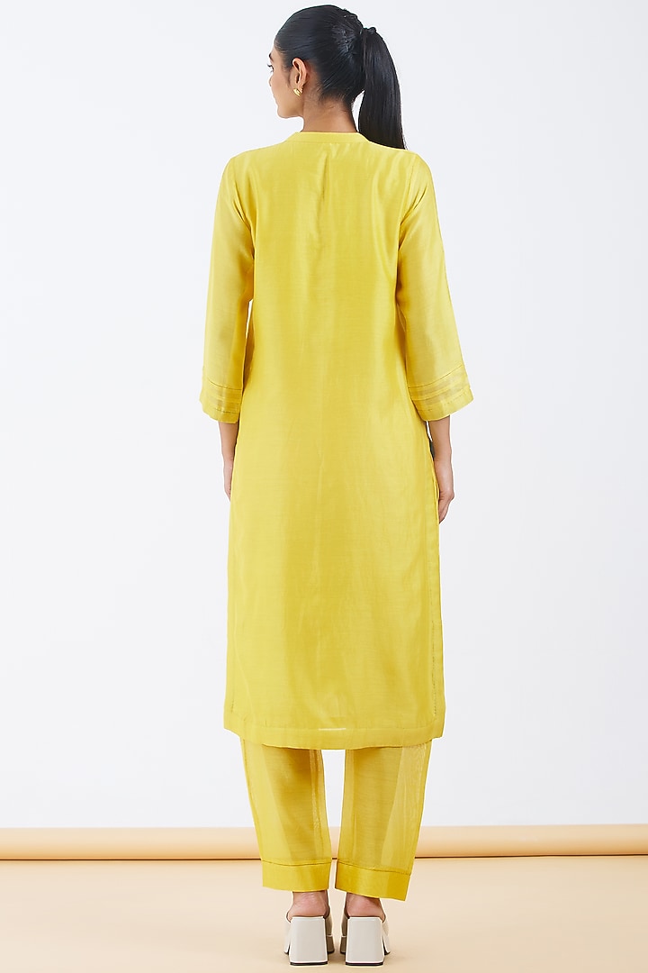 Yellow Silk Chanderi Motif Patchwork Kurta Set by Abhjeet Khanna at Pernia's Pop Up Shop