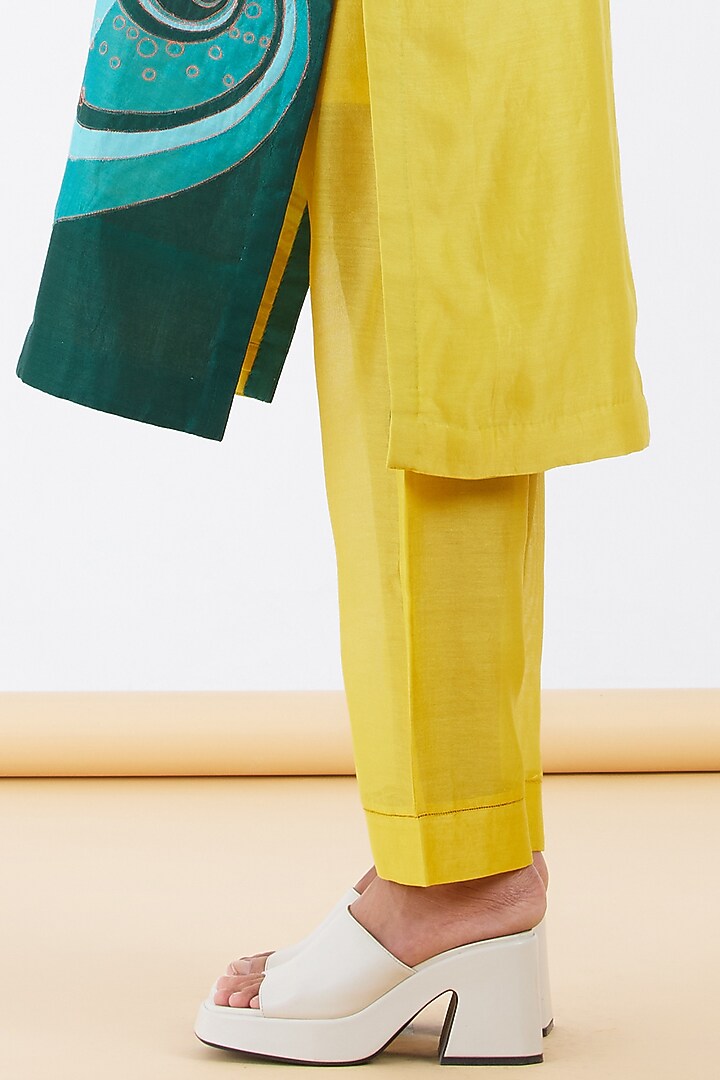 Yellow Silk Chanderi Motif Patchwork Kurta Set by Abhjeet Khanna at Pernia's Pop Up Shop