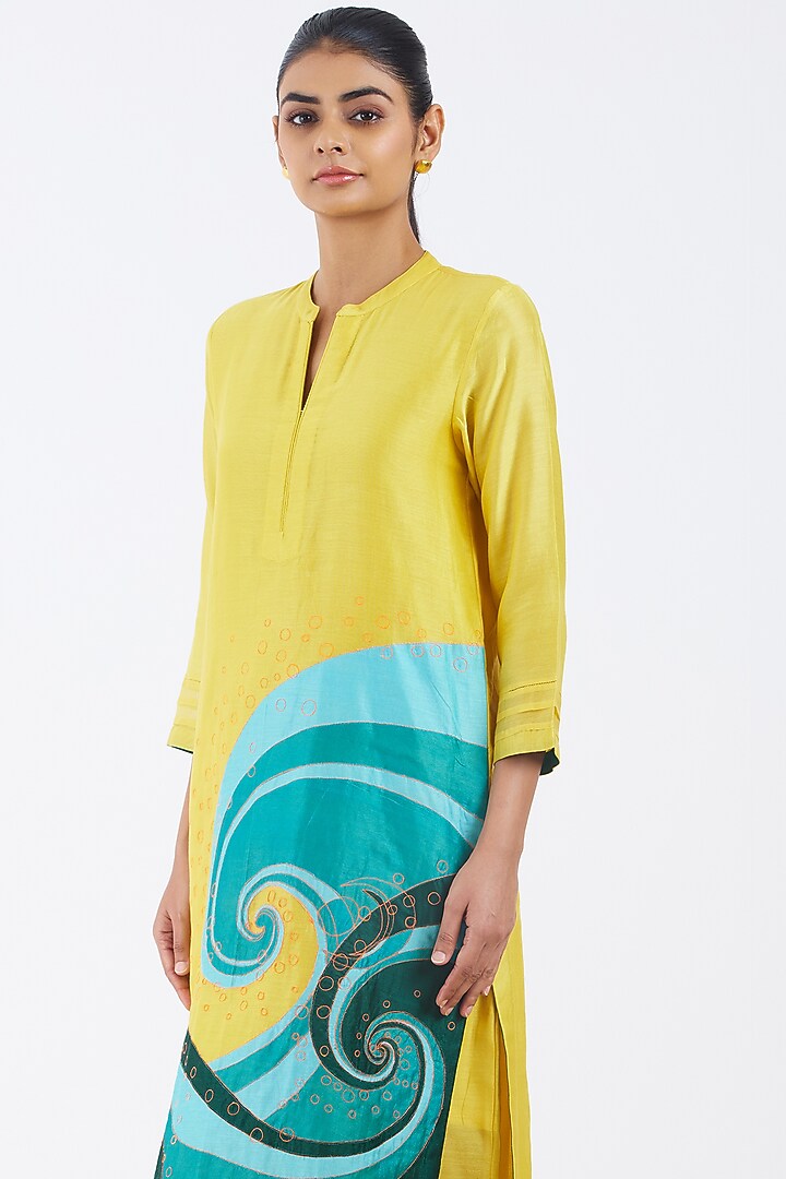 Yellow Silk Chanderi Motif Patchwork Kurta Set by Abhjeet Khanna at Pernia's Pop Up Shop