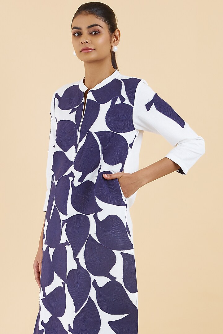 Ivory Cotton Linen Patchwork Kurta Set by Abhjeet Khanna at Pernia's Pop Up Shop