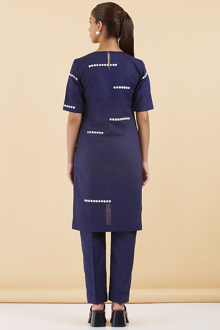 Indigo Blue Cotton Linen Thread Work Kurta Set by Abhjeet Khanna at Pernia's Pop Up Shop