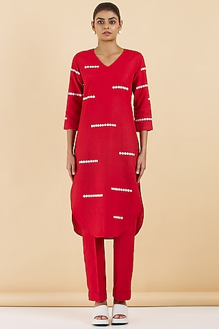 Red Cotton Linen Thread Work Kurta Set by Abhjeet Khanna