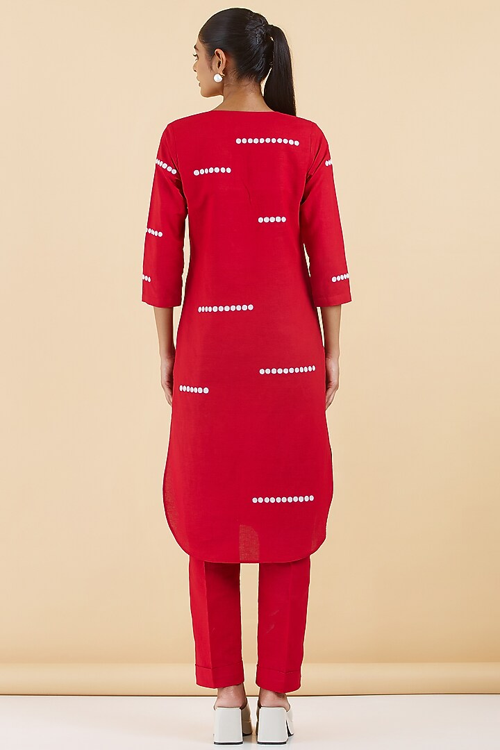 Red Cotton Linen Thread Work Kurta Set by Abhjeet Khanna at Pernia's Pop Up Shop
