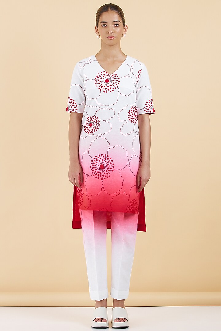 White & Red Cotton Linen Floral Embroidered Kurta Set by Abhjeet Khanna at Pernia's Pop Up Shop