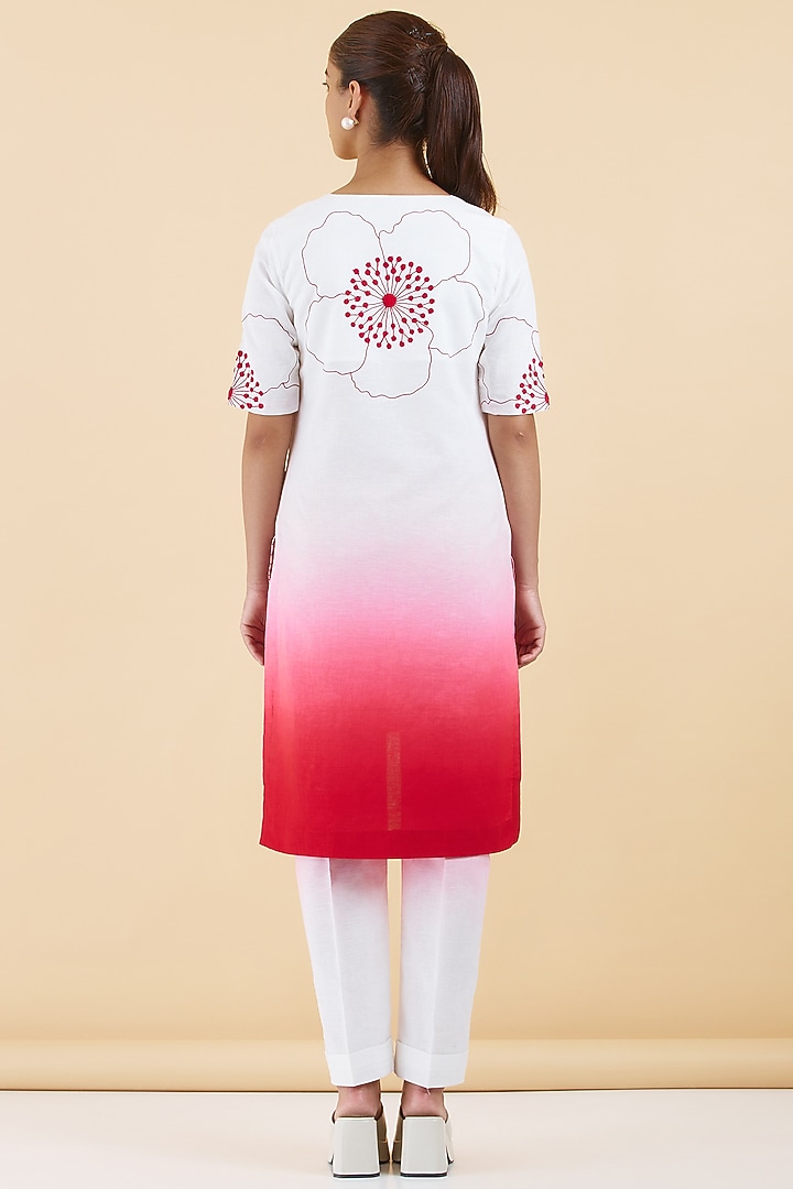 White & Red Cotton Linen Floral Embroidered Kurta Set by Abhjeet Khanna at Pernia's Pop Up Shop