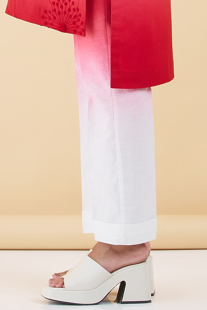 White & Red Cotton Linen Floral Embroidered Kurta Set by Abhjeet Khanna at Pernia's Pop Up Shop