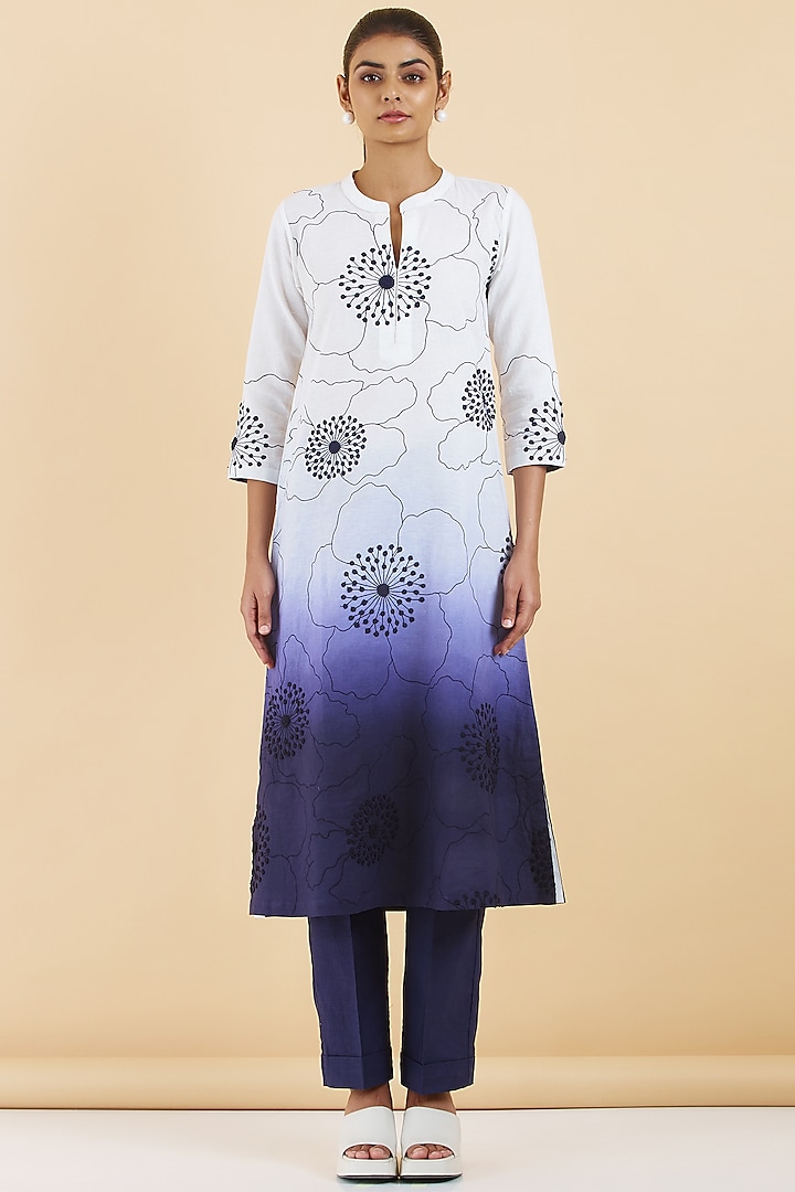 White & Indigo Blue Cotton Linen Floral Embroidered Kurta Set by Abhjeet Khanna at Pernia's Pop Up Shop