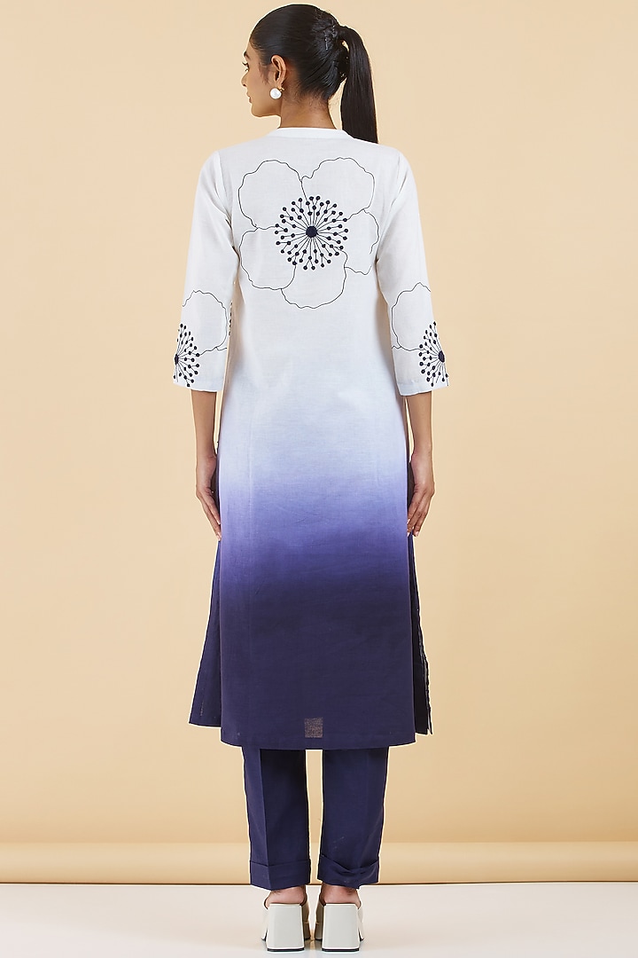 White & Indigo Blue Cotton Linen Floral Embroidered Kurta Set by Abhjeet Khanna at Pernia's Pop Up Shop