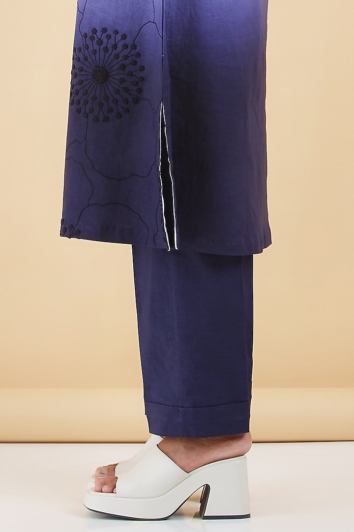 White & Indigo Blue Cotton Linen Floral Embroidered Kurta Set by Abhjeet Khanna at Pernia's Pop Up Shop