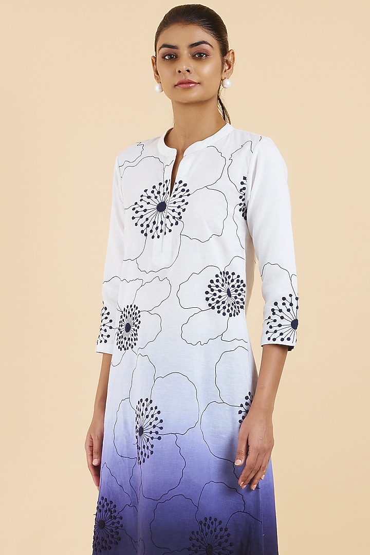 White & Indigo Blue Cotton Linen Floral Embroidered Kurta Set by Abhjeet Khanna at Pernia's Pop Up Shop