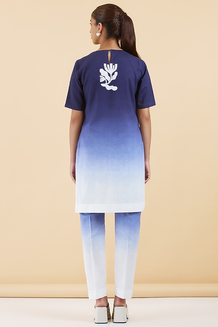 Indigo Blue & White Cotton Linen Floral Patchwork Kurta Set by Abhjeet Khanna at Pernia's Pop Up Shop