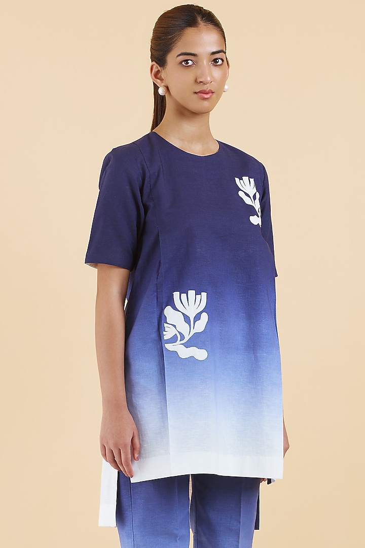 Indigo Blue & White Cotton Linen Floral Patchwork Kurta Set by Abhjeet Khanna at Pernia's Pop Up Shop