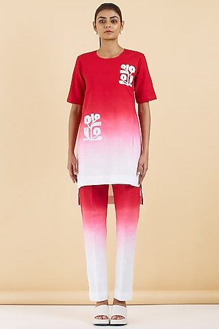 Red & White Cotton Linen Floral Patchwork Kurta Set by Abhjeet Khanna