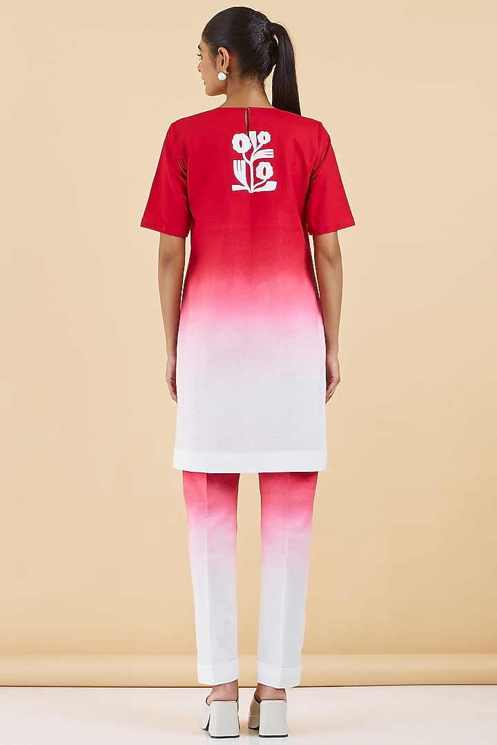 Red & White Cotton Linen Floral Patchwork Kurta Set by Abhjeet Khanna at Pernia's Pop Up Shop