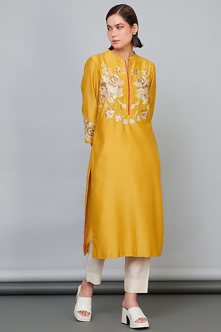 Yellow Silk Chanderi Sequins Floral Hand Embroidered Kurta Set by Abhjeet Khanna at Pernia's Pop Up Shop