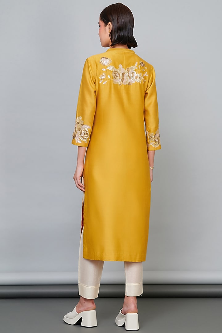 Yellow Silk Chanderi Sequins Floral Hand Embroidered Kurta Set by Abhjeet Khanna at Pernia's Pop Up Shop