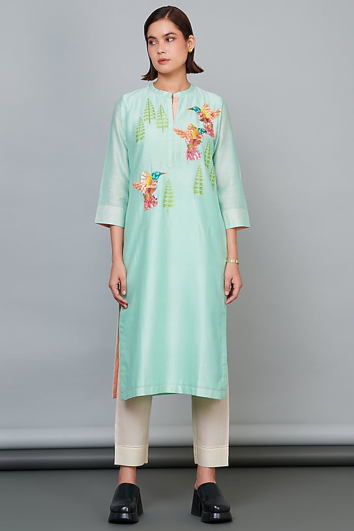 Blue Silk Chanderi Bird Motif Hand Embroidered Kurta Set by Abhjeet Khanna at Pernia's Pop Up Shop