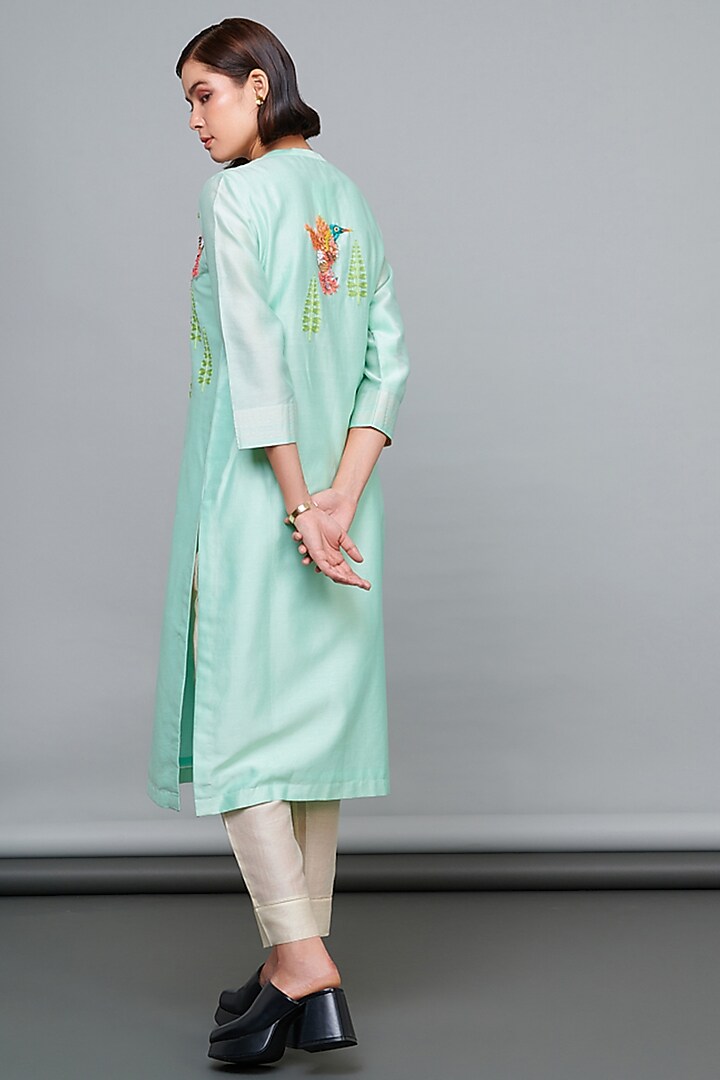 Blue Silk Chanderi Bird Motif Hand Embroidered Kurta Set by Abhjeet Khanna at Pernia's Pop Up Shop