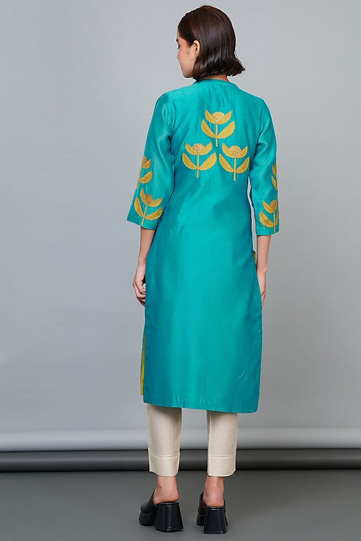 Green Silk Chanderi Sequins Hand Embroidered Kurta Set by Abhjeet Khanna at Pernia's Pop Up Shop