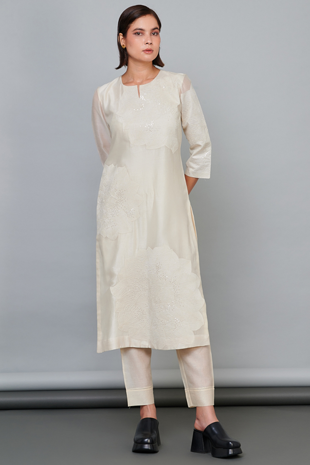 Ivory Silk Chanderi Sequins Work Self-Textured Kurta Set by Abhjeet Khanna at Pernia's Pop Up Shop