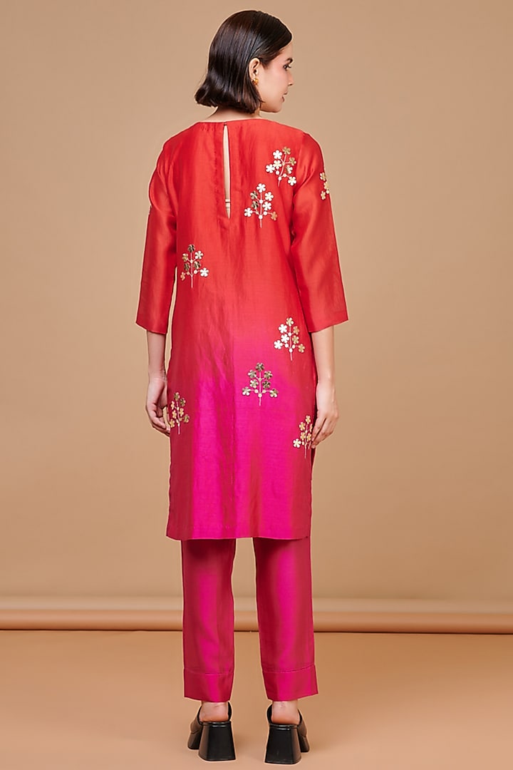 Red & Fuchsia Ombre Silk Chanderi Sequins Embroidered Short Kurta Set by Abhjeet Khanna at Pernia's Pop Up Shop
