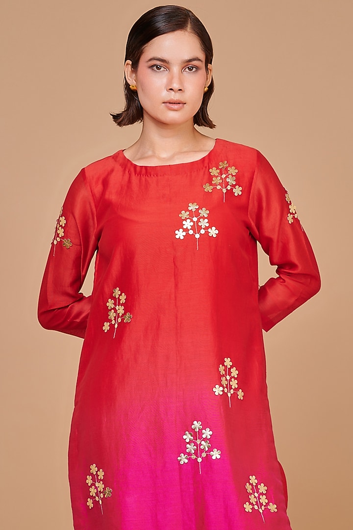 Red & Fuchsia Ombre Silk Chanderi Sequins Embroidered Short Kurta Set by Abhjeet Khanna at Pernia's Pop Up Shop