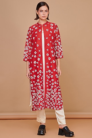 Red Silk Chanderi Floral Patchwork Open Jacket Set by Abhjeet Khanna
