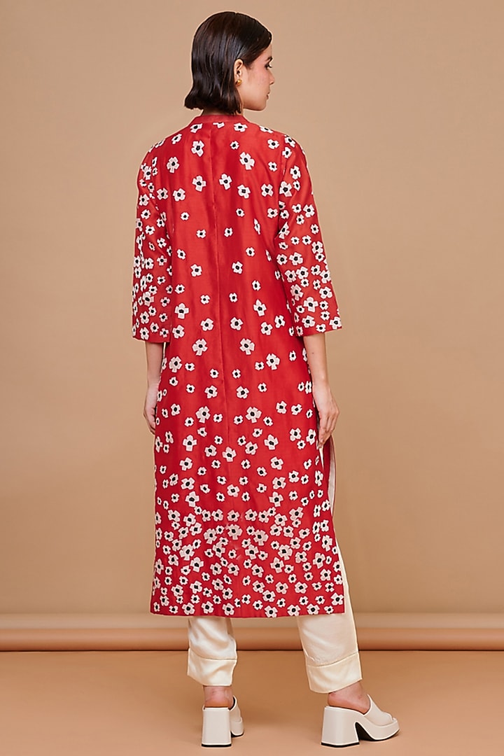 Red Silk Chanderi Floral Patchwork Open Jacket Set by Abhjeet Khanna at Pernia's Pop Up Shop