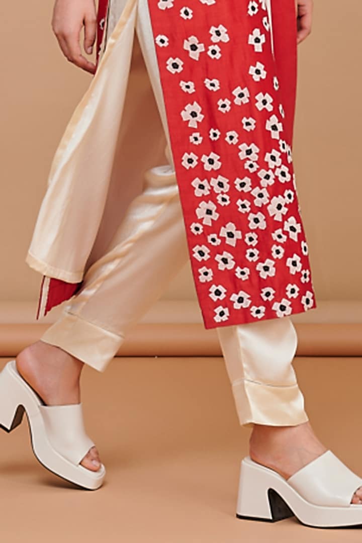 Red Silk Chanderi Floral Patchwork Open Jacket Set by Abhjeet Khanna at Pernia's Pop Up Shop