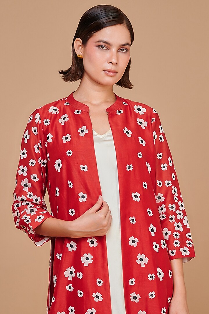 Red Silk Chanderi Floral Patchwork Open Jacket Set by Abhjeet Khanna at Pernia's Pop Up Shop