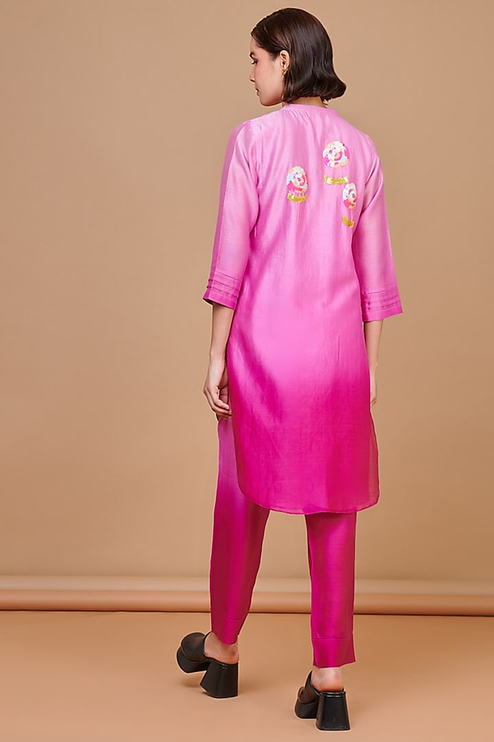 Pink Ombre Silk Chanderi Sequins Embroidered Short Kurta Set by Abhjeet Khanna at Pernia's Pop Up Shop