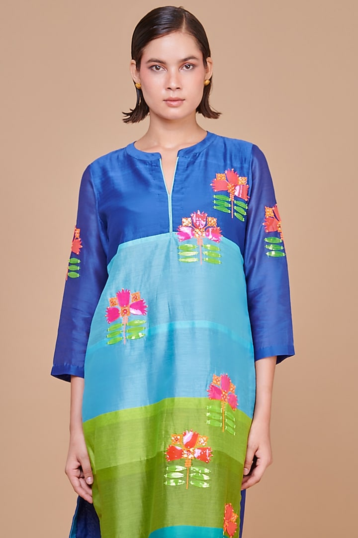 Blue Chanderi Sequins Embroidered Striped Kurta Set by Abhjeet Khanna at Pernia's Pop Up Shop