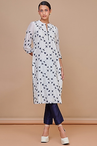 Ivory & Indigo Blue Silk Chanderi Thread Work Kurta Set by Abhjeet Khanna