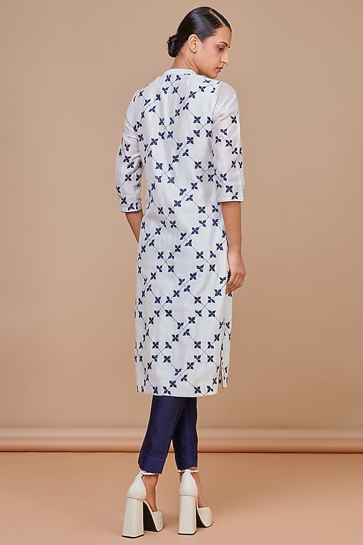 Ivory & Indigo Blue Silk Chanderi Thread Work Kurta Set by Abhjeet Khanna at Pernia's Pop Up Shop