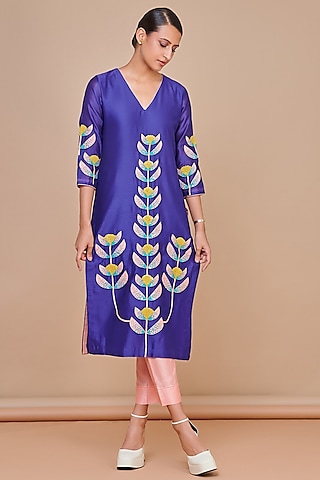 Blue Silk Chanderi Floral Patchwork Kurta Set by Abhjeet Khanna