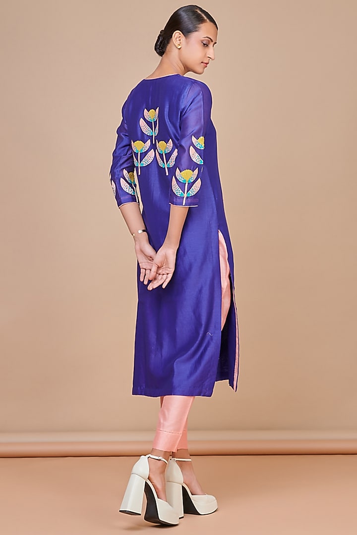 Blue Silk Chanderi Floral Patchwork Kurta Set by Abhjeet Khanna at Pernia's Pop Up Shop